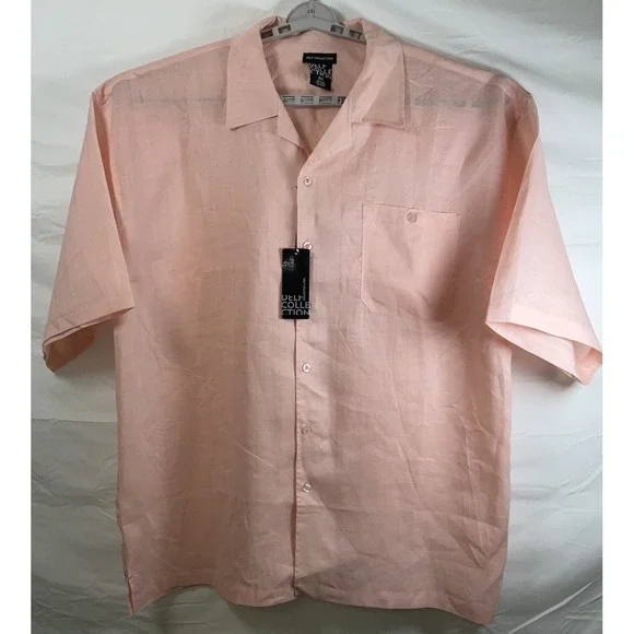 NWT Men's DELF Collection Big Tall 100% Linen Short Sleeve Camp Shirt Peach 5XL - Picture 1 of 5